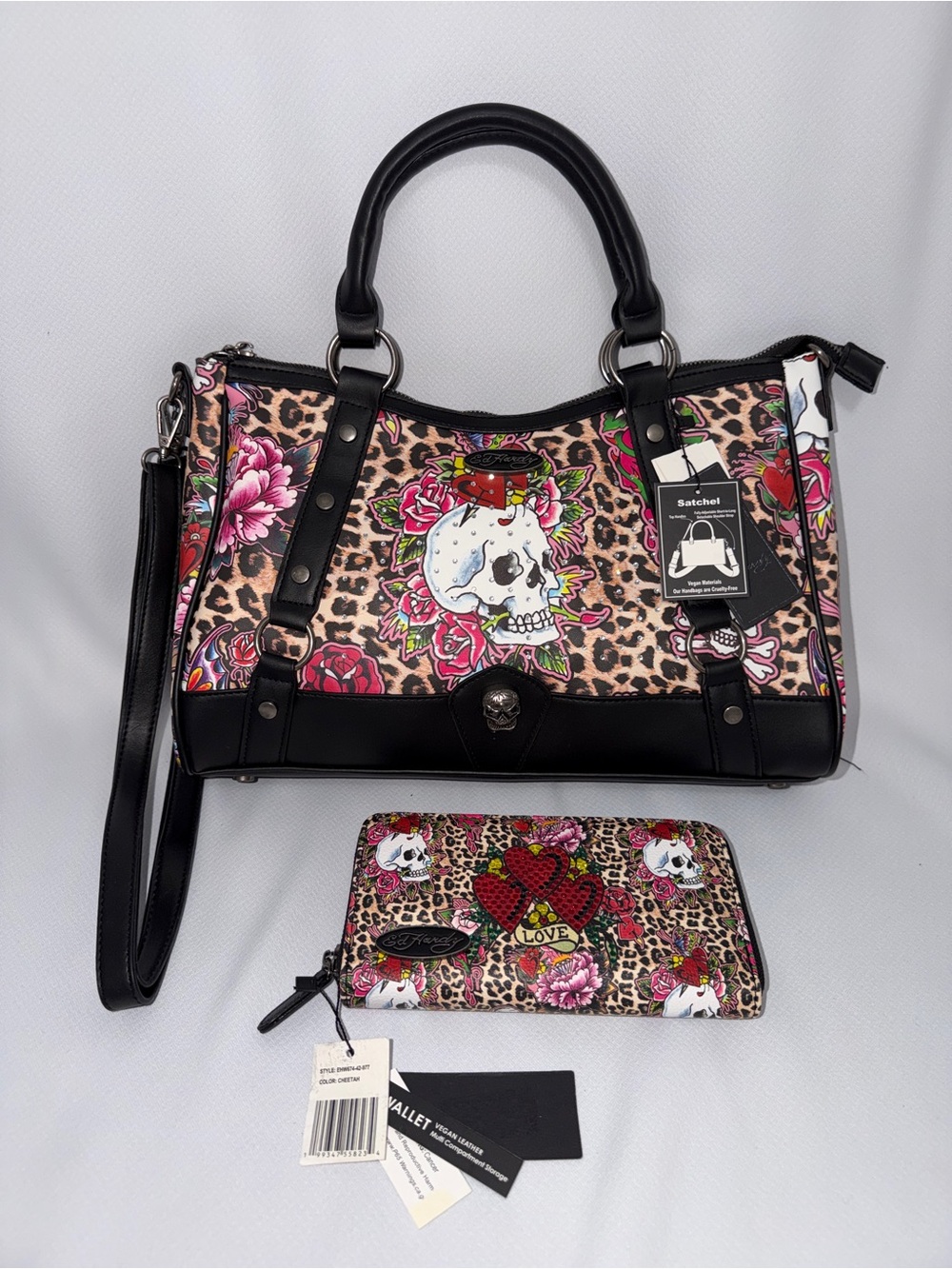 Ed Hardy Pink Leopard Skull & Rose Satchel with Matching Wallet